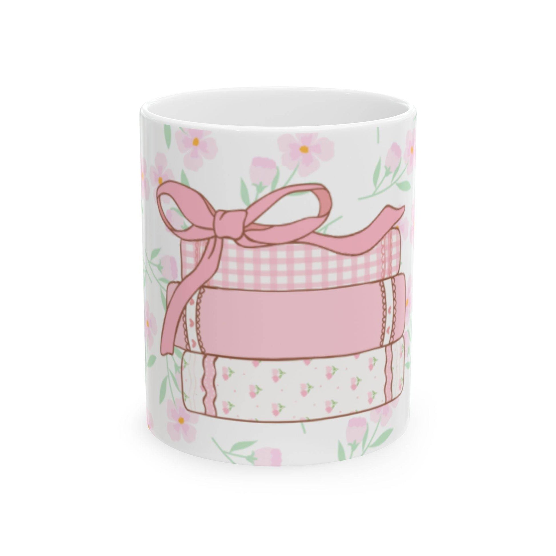 Detail of bow design on coquette coffee mug