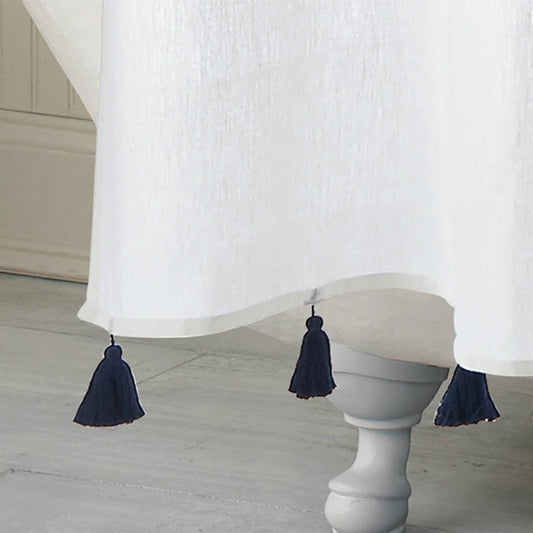 72-inch navy stripe shower curtain in modern coastal bathroom