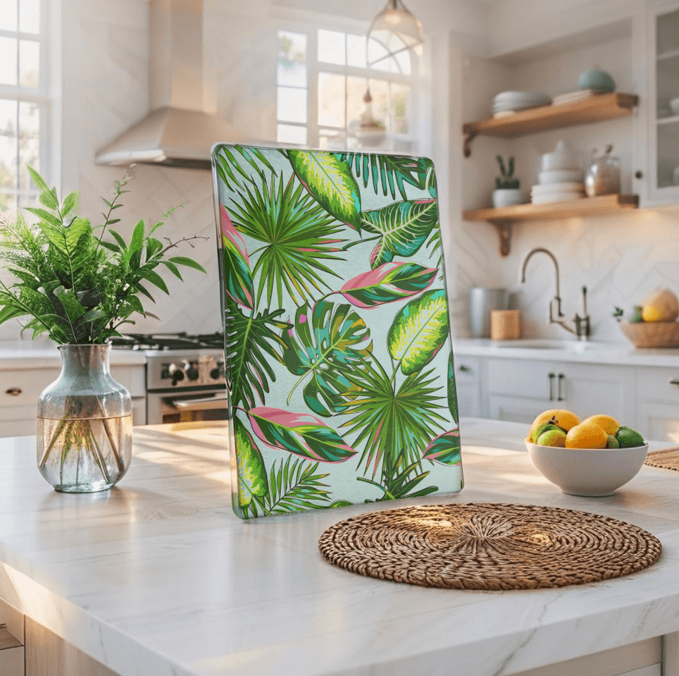 Decorative coastal cutting board used for stylish serving and slicing
