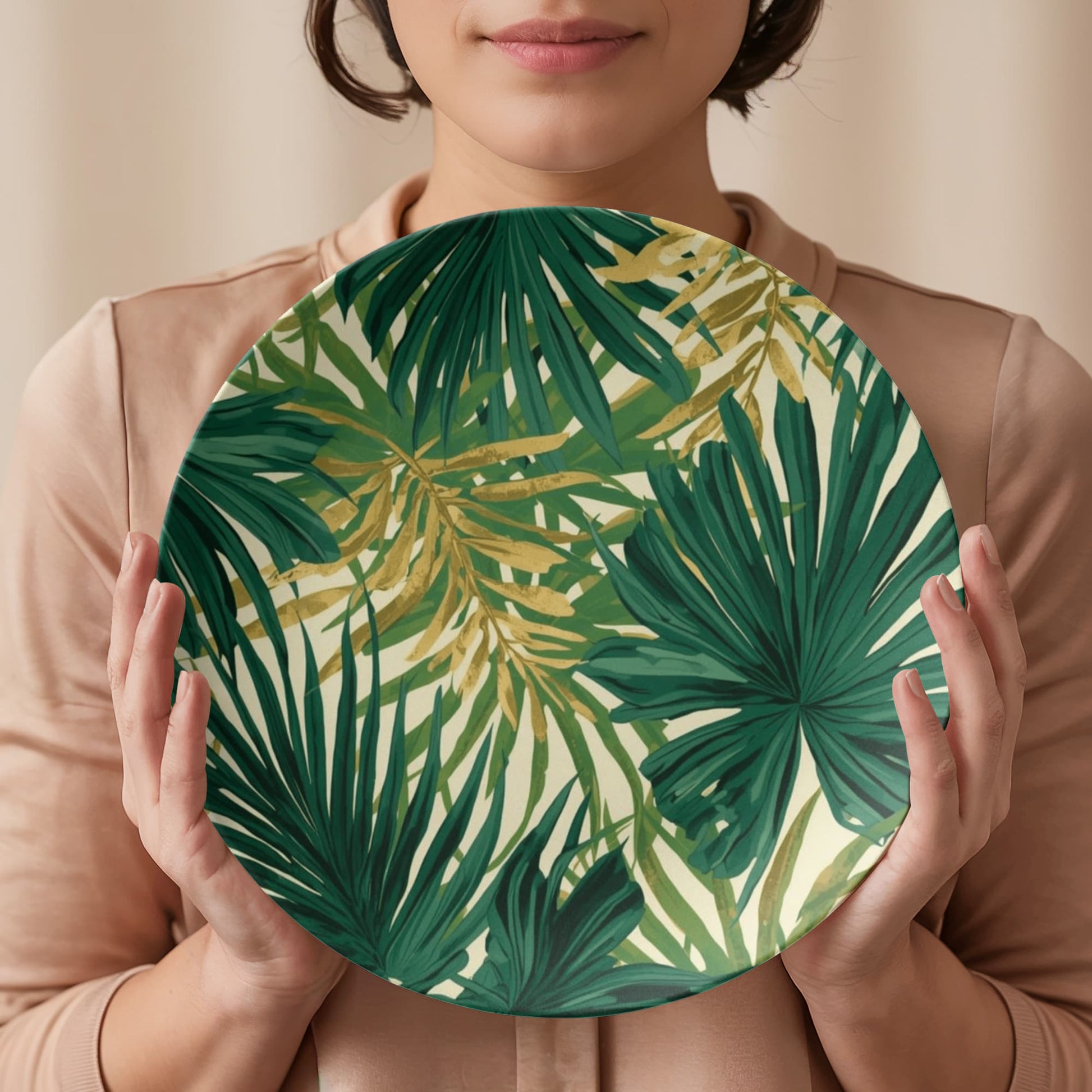Detail shot of the designer-quality melamine plate with a textured, high-gloss finish and vibrant palm print.