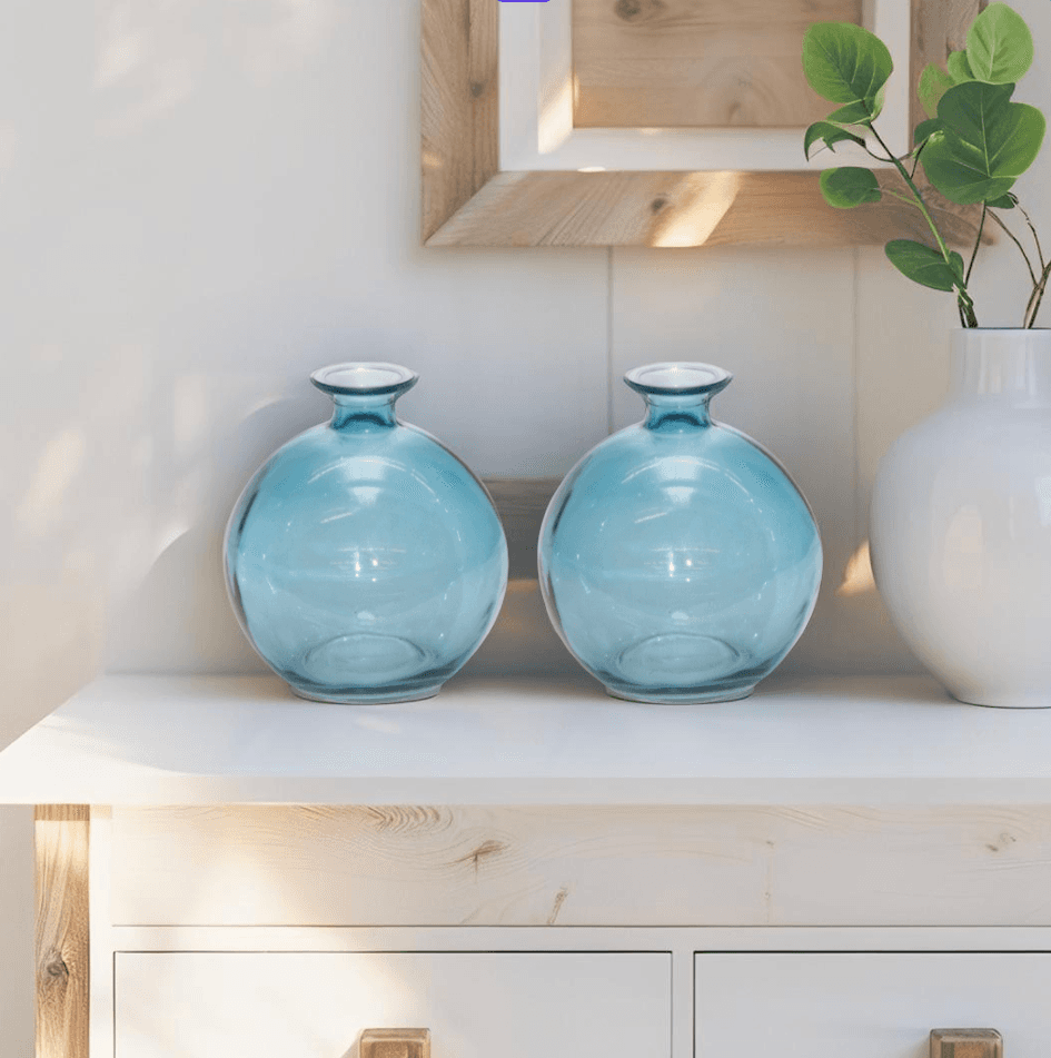 Elegant Blue glass vases for coastal decor in dining room or living room