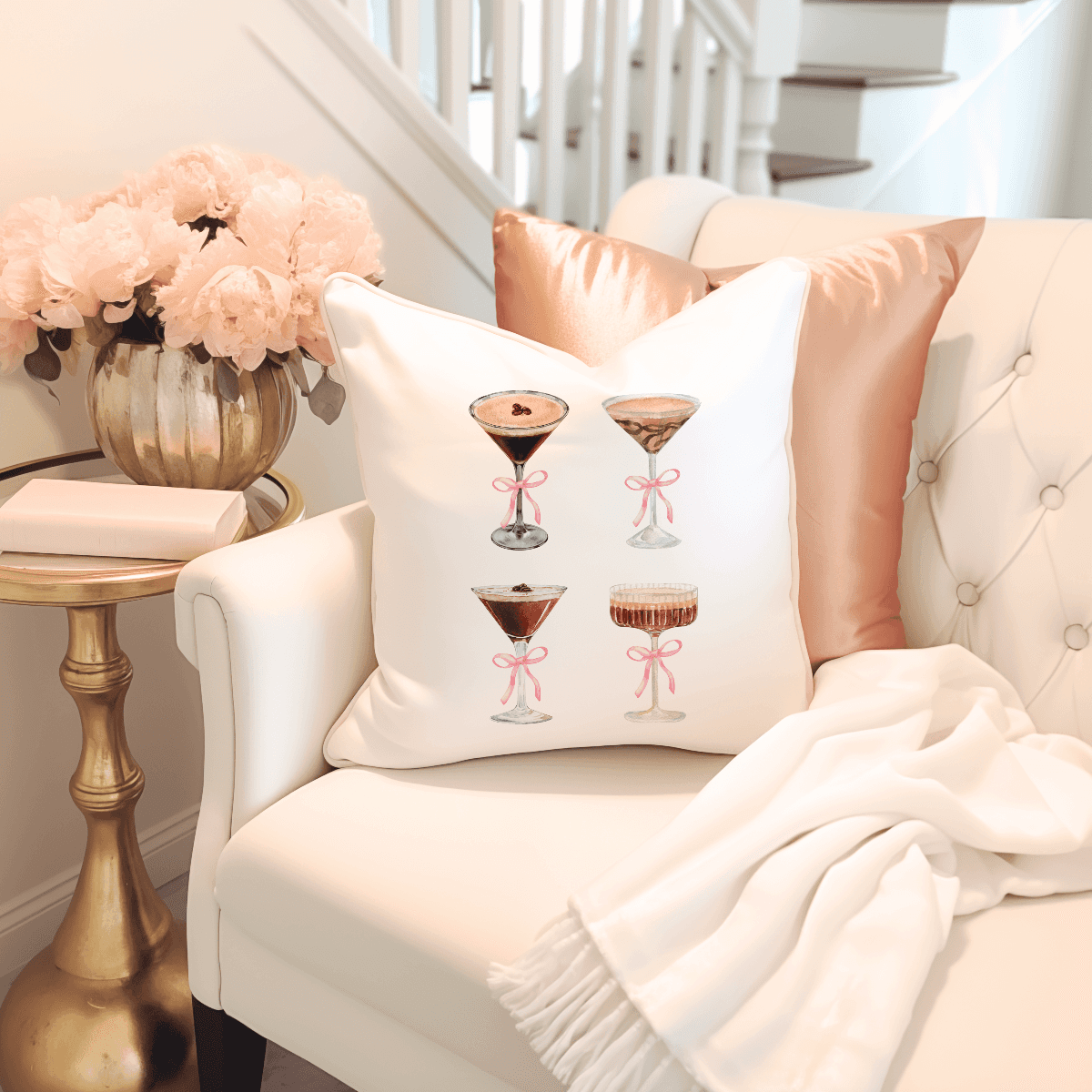 This glamourous espresso martini pillow will add a touch of elegance to any room.
