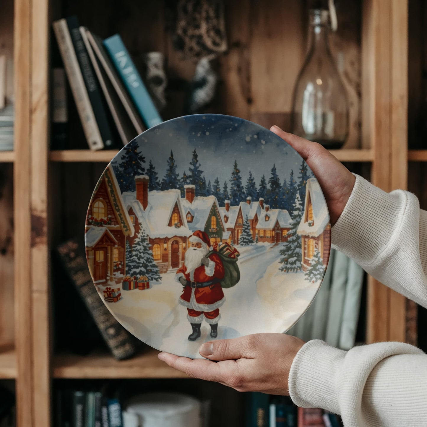 Full festive Christmas table setting using the decorative ceramic Santa plate as the centerpiece for holiday meals