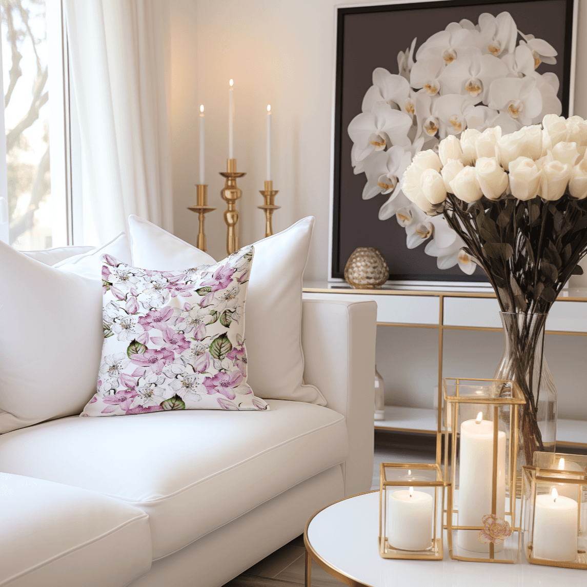 Beautiful floral throw pillow with elegant flower patterns, ideal for spring and summer home decor
