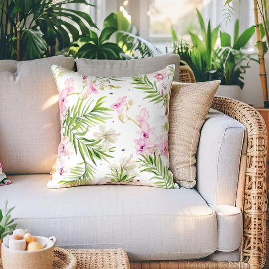Palm leaf and floral tropical pillow for boho or beach house style