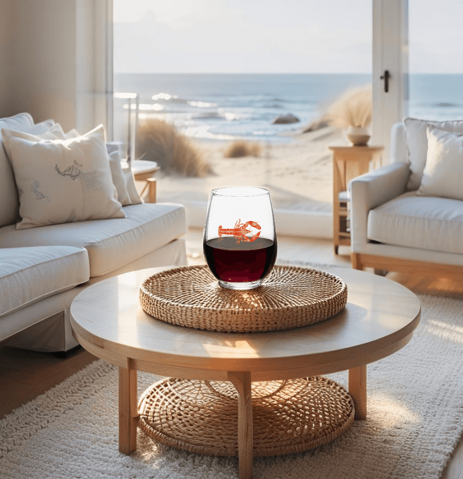 Fun seaside drinkware with a red lobster design on a stemless glass