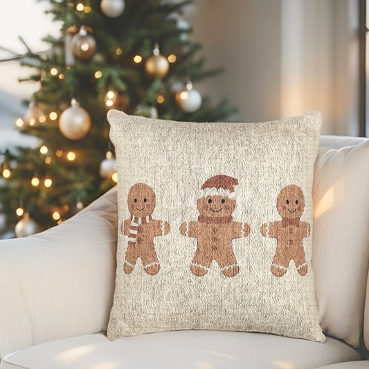 Gingerbread Man Throw Pillow with red velvet details, perfect for cozy Christmas home decor.