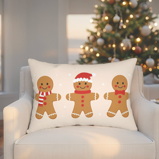 Gingerbread man throw pillow in brown and white with smiling face, perfect for Christmas home decor on a sofa