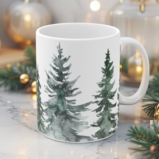 Holiday coffee mug decorated with green pine trees, ideal for festive kitchen decor or Christmas gifts.