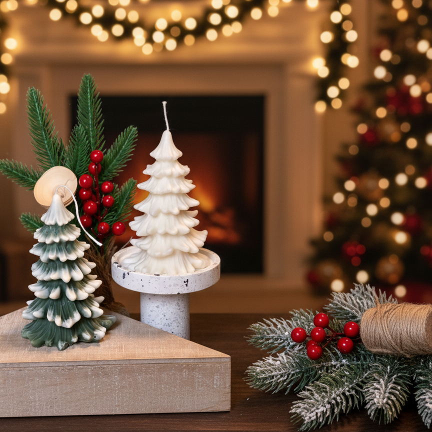 Close-up of a high-quality, hand-poured, non-toxic soy wax Christmas tree candle in an evergreen color