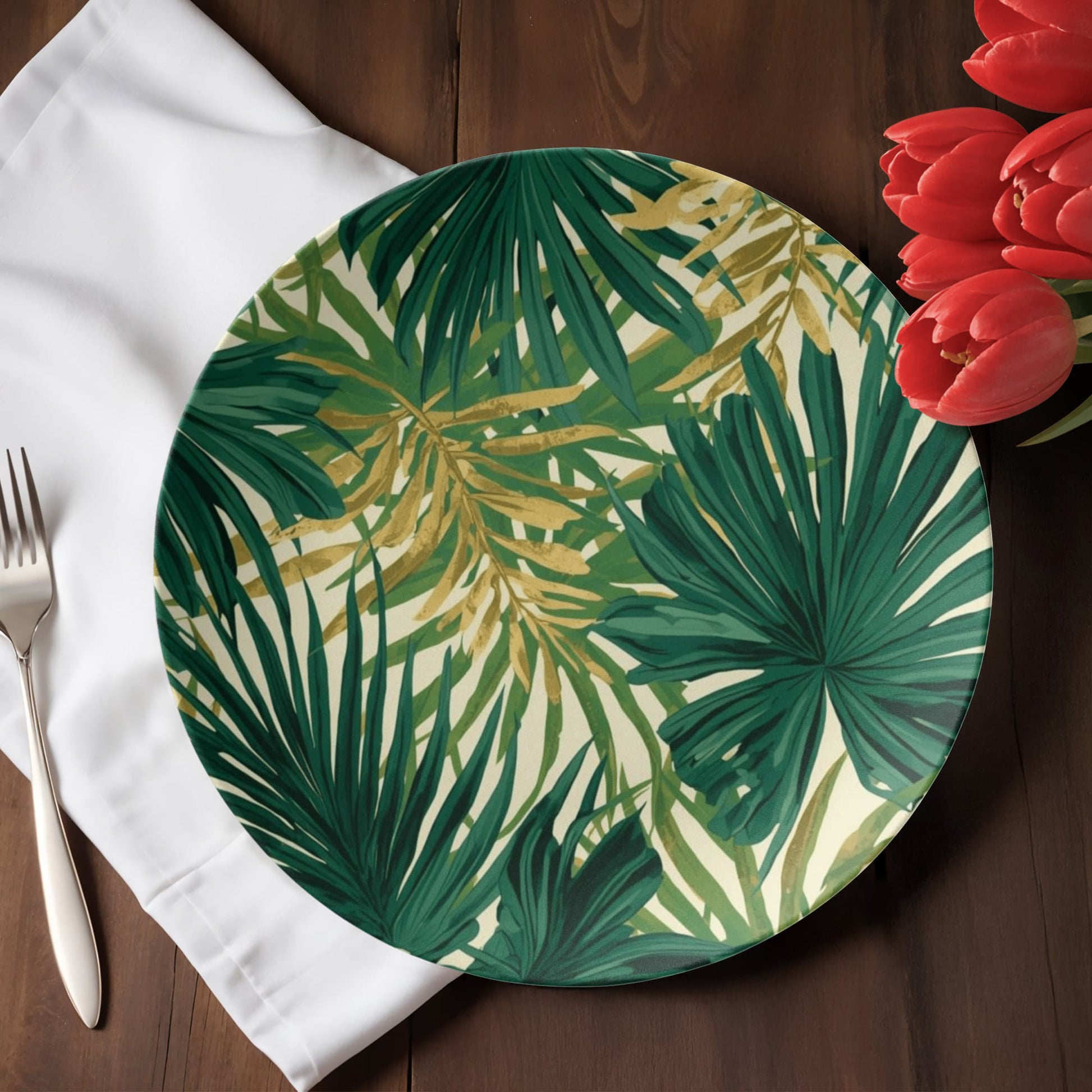 Stack of high-end palm leaf dinner plates and bowls, showing the complete collection of tropical outdoor dinnerware.