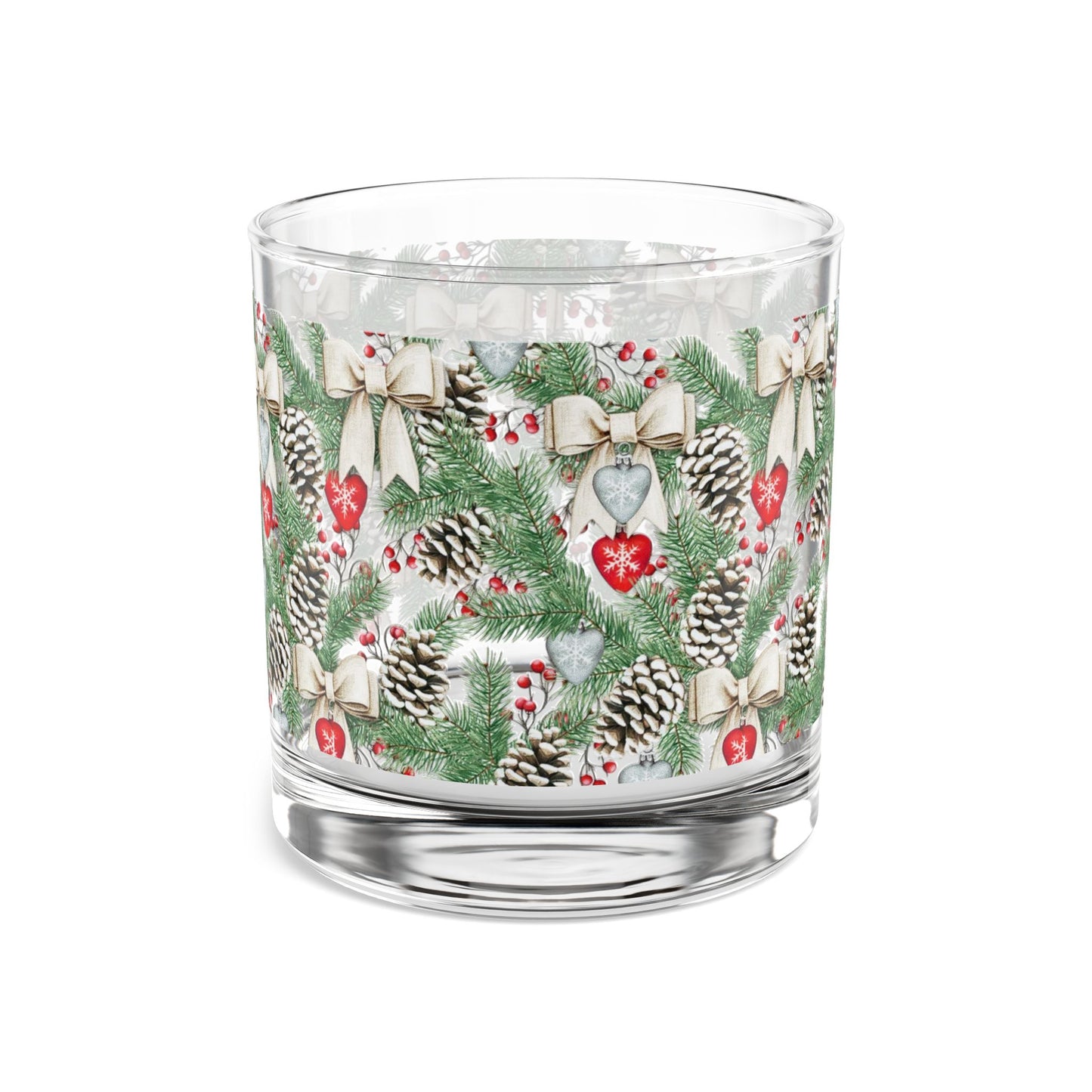 Set of three Holiday Double Old Fashioned glasses with evergreen branch print, perfect for cocktail mixing.