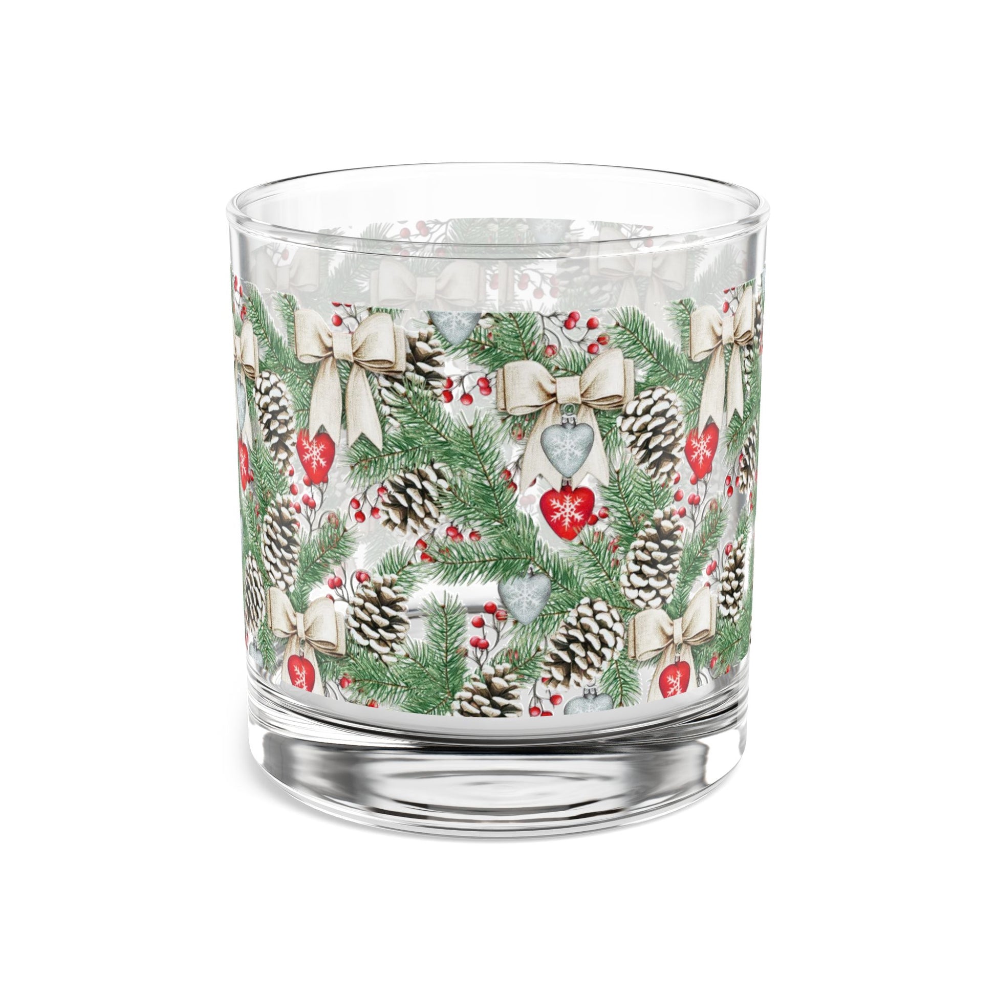 Set of three Holiday Double Old Fashioned glasses with evergreen branch print, perfect for cocktail mixing.