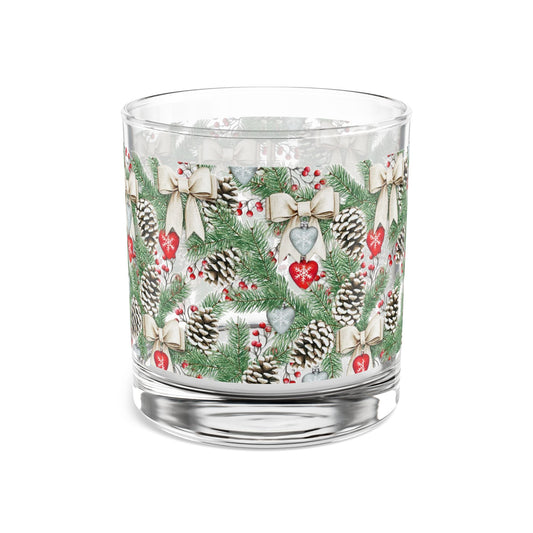 Set of three Holiday Double Old Fashioned glasses with evergreen branch print, perfect for cocktail mixing.