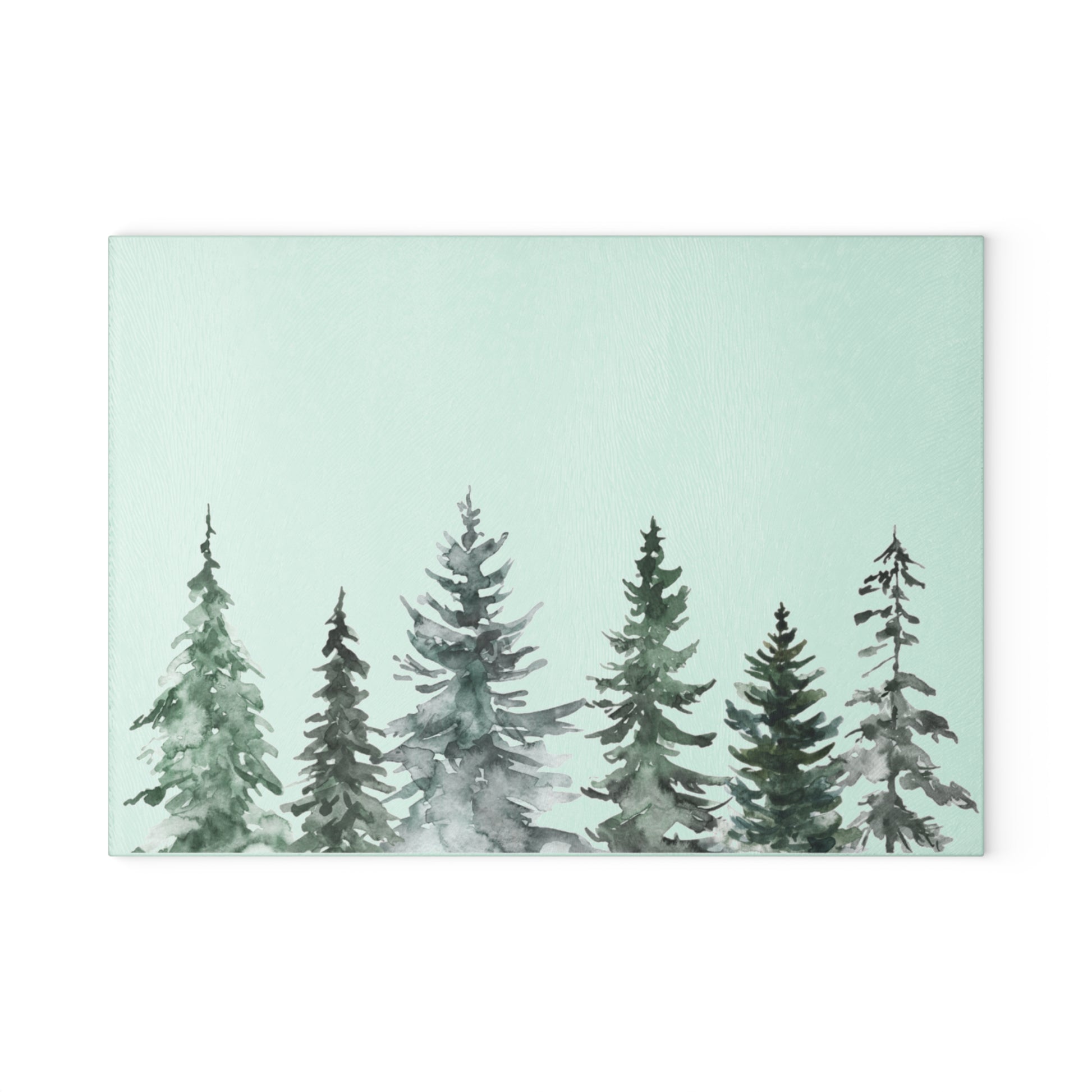 Festive glass serving board with watercolor evergreen forest for holiday appetizers.
