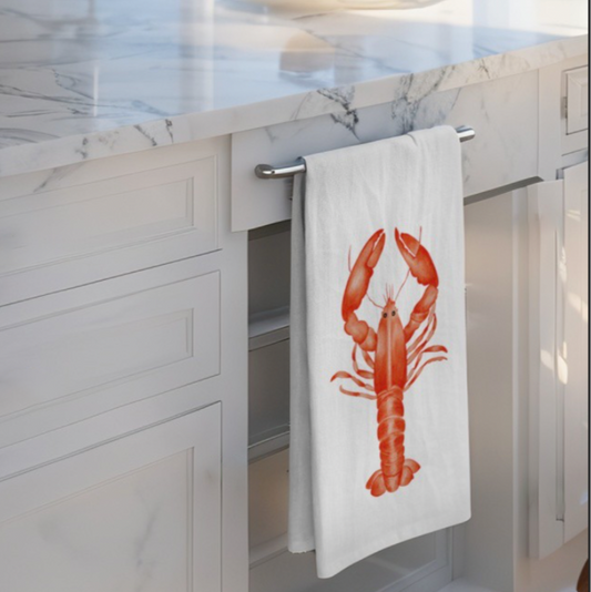 Lobster print dish towel for coastal kitchens and entertaining.