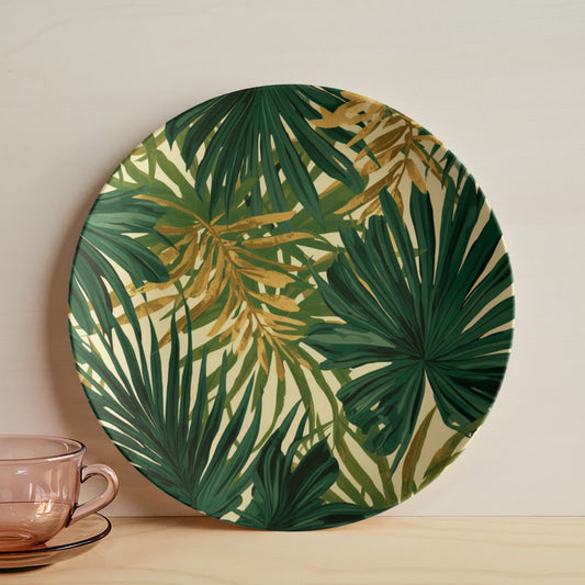 Luxury dinner plate with a detailed green palm leaf print, made from durable material for outdoor dining