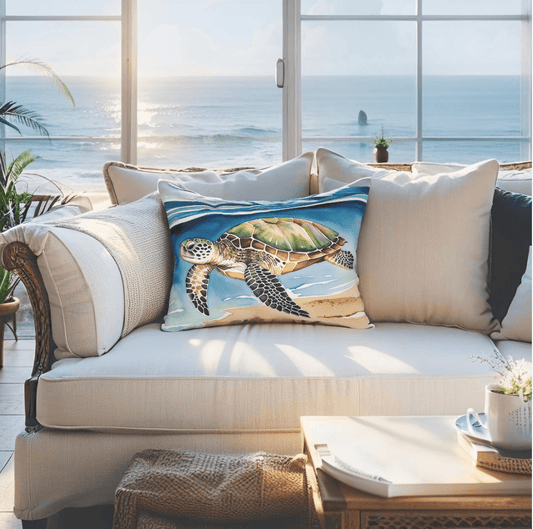 Marine life throw pillow featuring a detailed turtle design in coastal colors