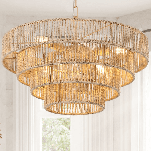 Natural rattan pendant lighting hanging above coastal kitchen island