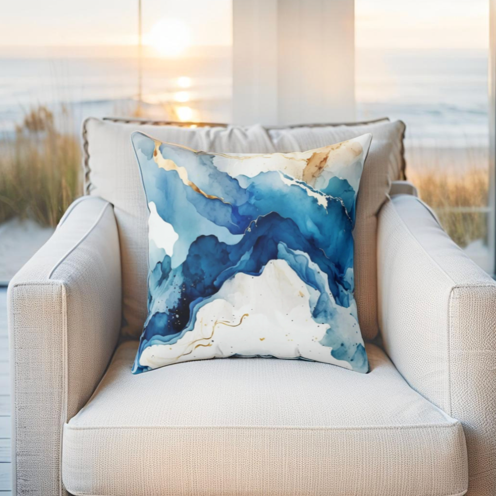 Blue marble wave throw pillow with ocean swirl design, great for modern coastal home decor.