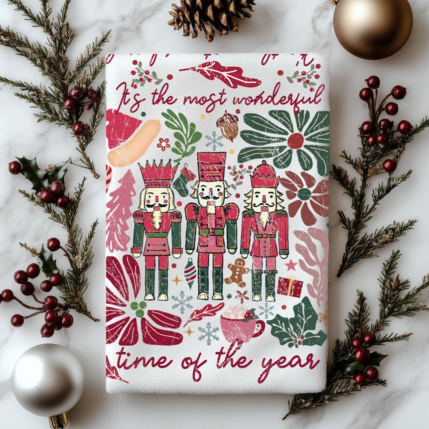 Boho Floral Nutcracker Christmas Kitchen Towel