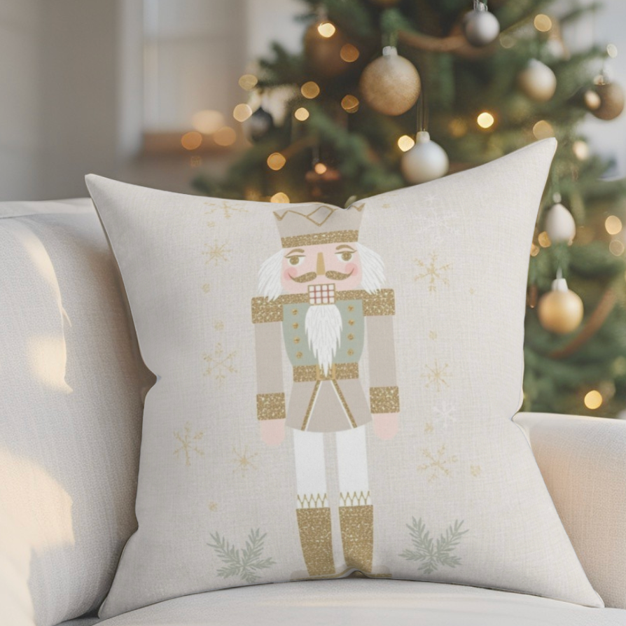 Decorative holiday throw pillow with a unique pastel nutcracker ballet theme and luxurious pink velvet fabric.