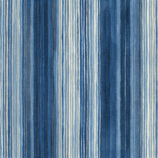 Modern coastal wallpaper with hand-dyed ikat texture and vertical blue stripes