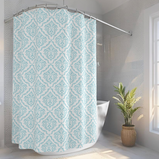 Ocean-inspired shower curtain with aqua damask print for coastal decor