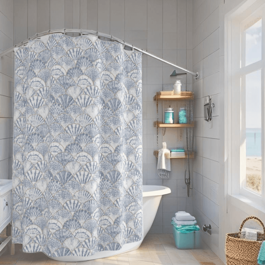 Seashell print shower curtain for beach house bathroom decor