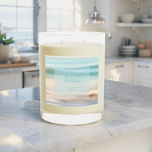 Ocean Waves scented soy candle in frosted glass jar with coastal decor