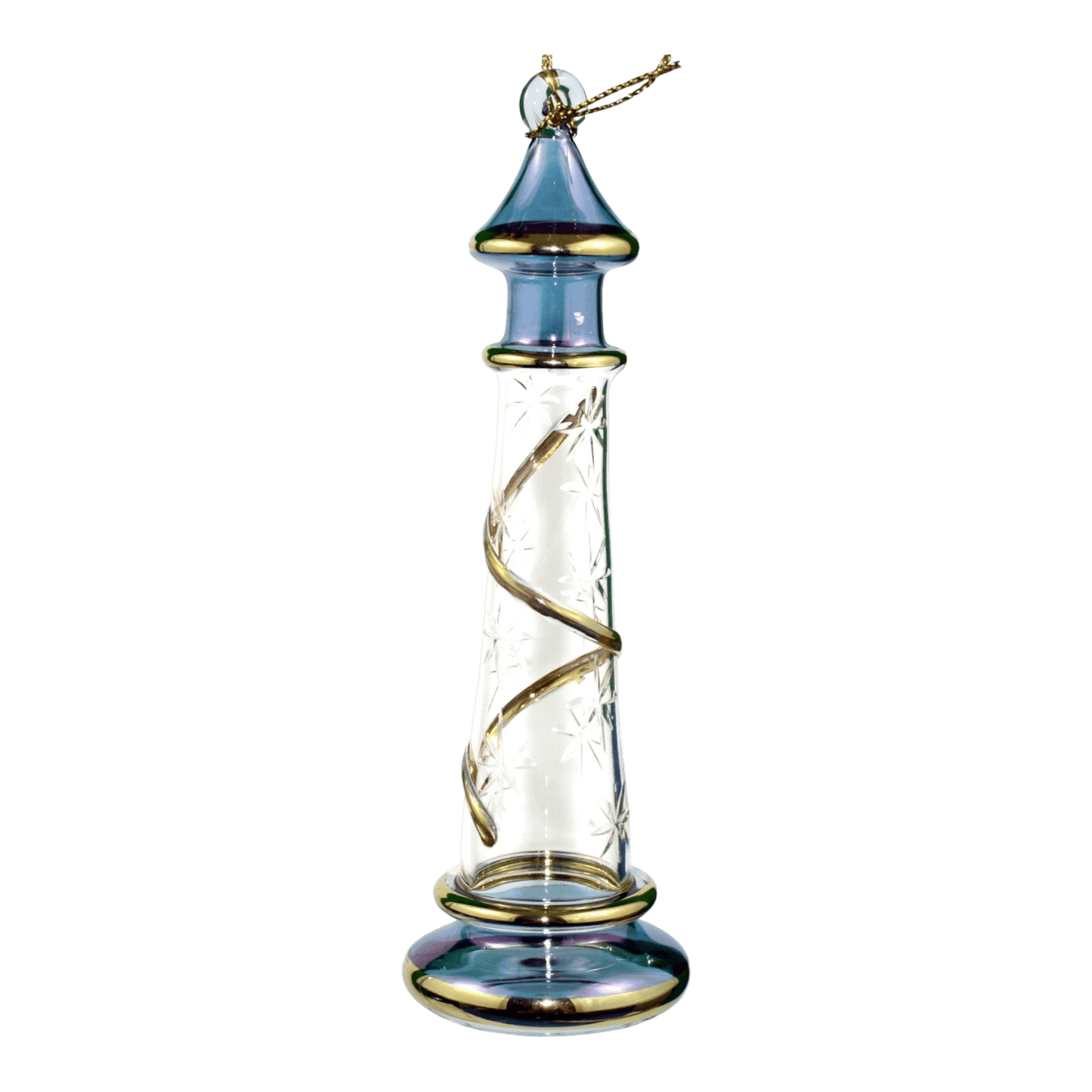 Glass Lighthouse Ornament With Gold Accent - Blue