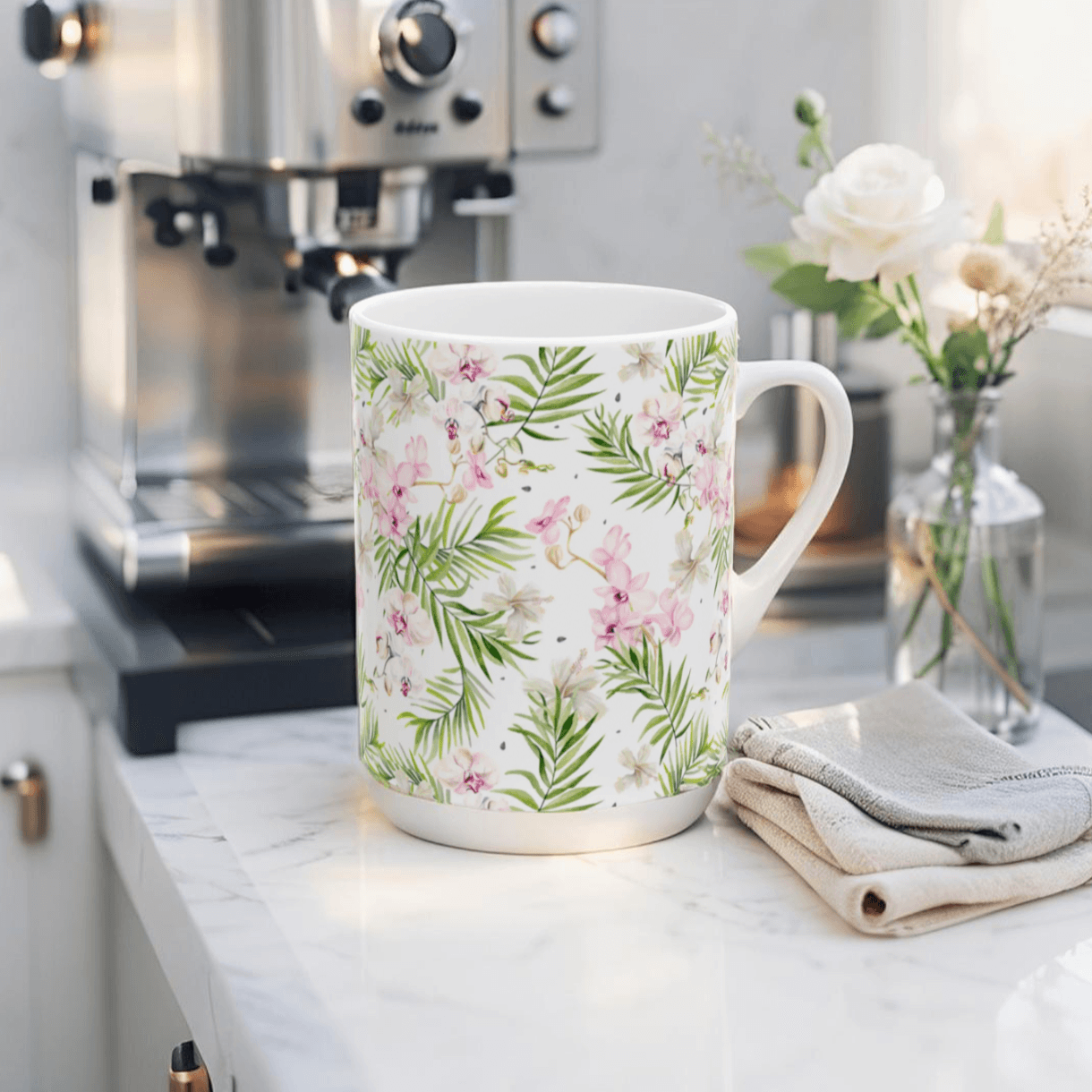 Coffee mug with palm floral print and tropical color scheme.
