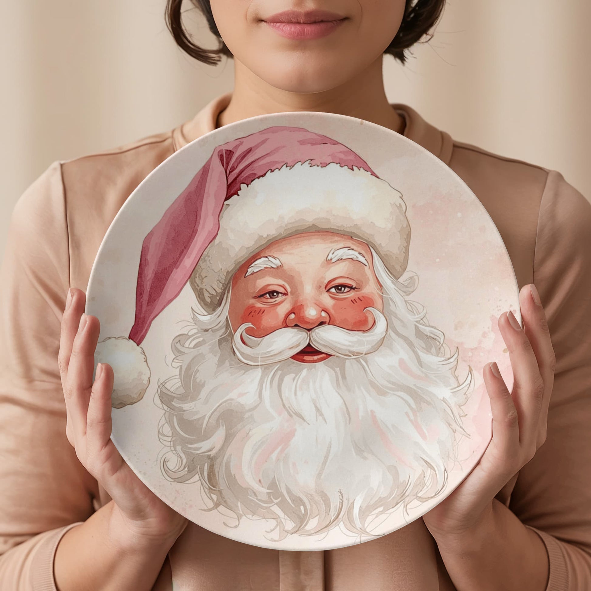 Pastel pink Santa design on a holiday china plate. High-quality ceramic with a vintage feel.