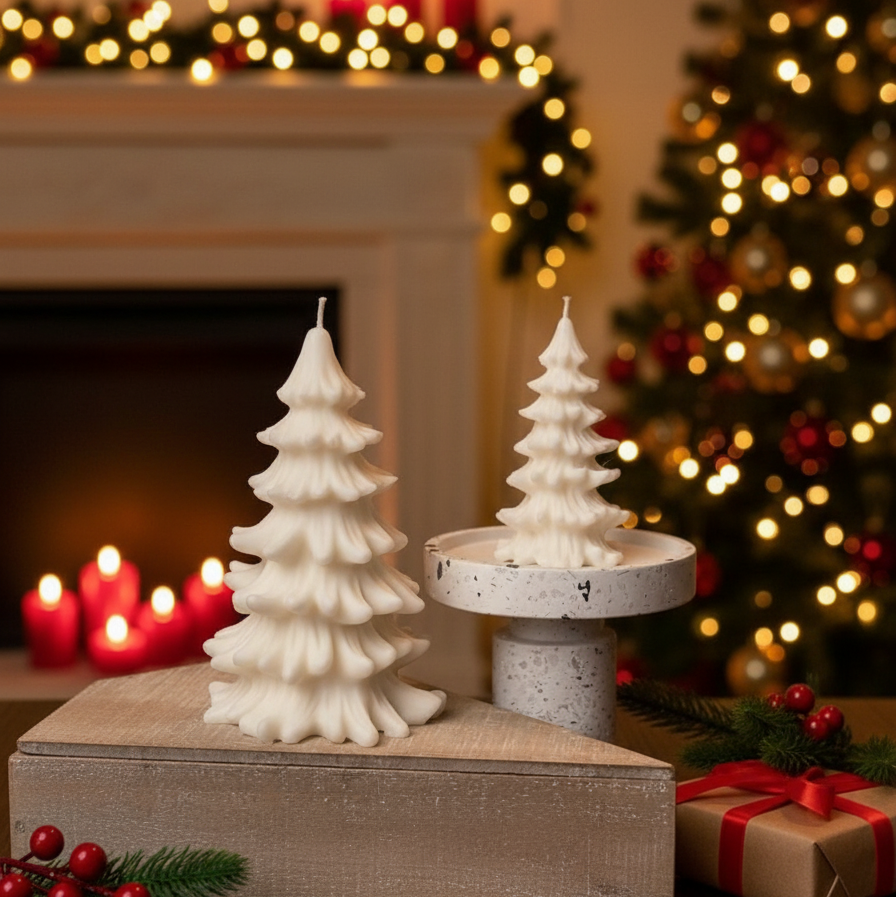 A white, tree-shaped soy wax candle with a visible wick. Ideal as a decorative Christmas candle and unique gift