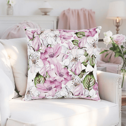 Pink and purple floral throw pillow for cottagecore decor
