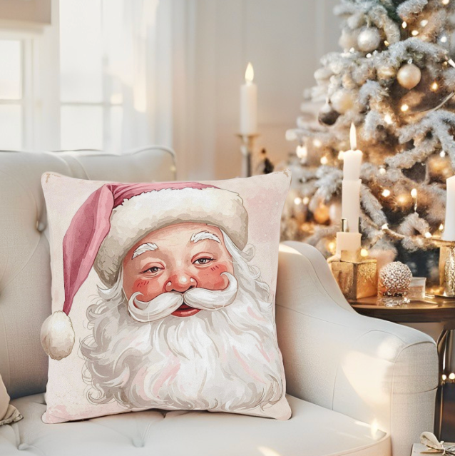 Unique holiday accent pillow with a Pink Santa illustration, ideal for Pink Christmas decor