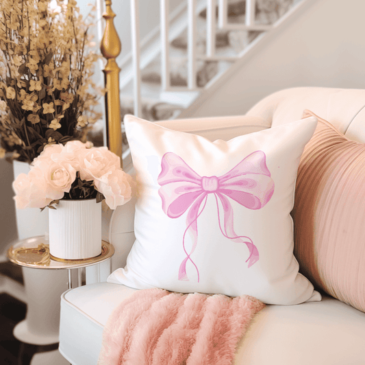 Soft girl aesthetic pink bow pillow for living room or bed