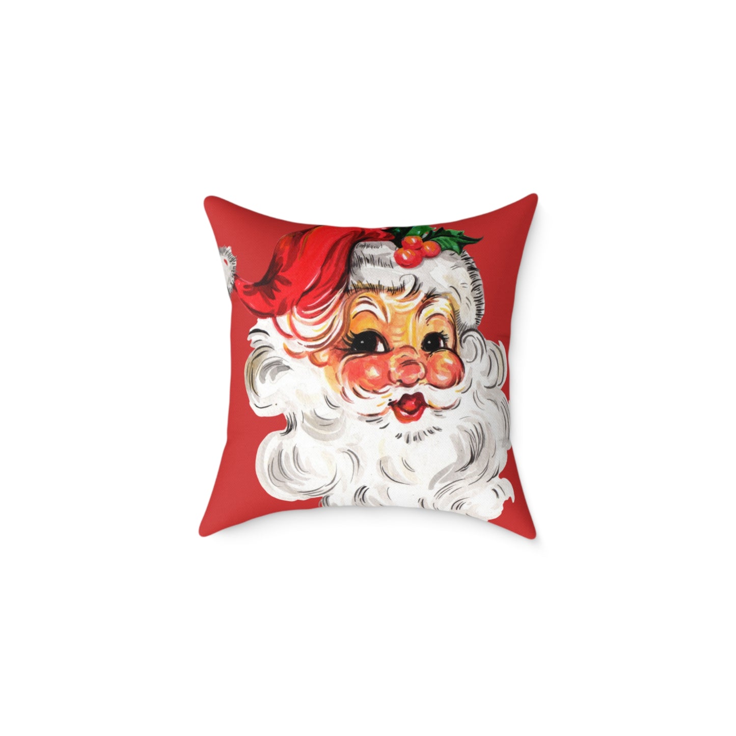 Lifestyle shot of a Retro Christmas accent pillow featuring Santa's face on a couch in a mid-century holiday setting.
