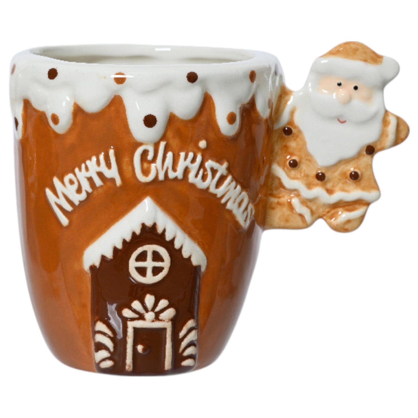 Santa and gingerbread characters on Christmas mug