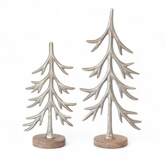 Silver Cast Aluminum Trees with Mango Wood Base | 2 Sizes