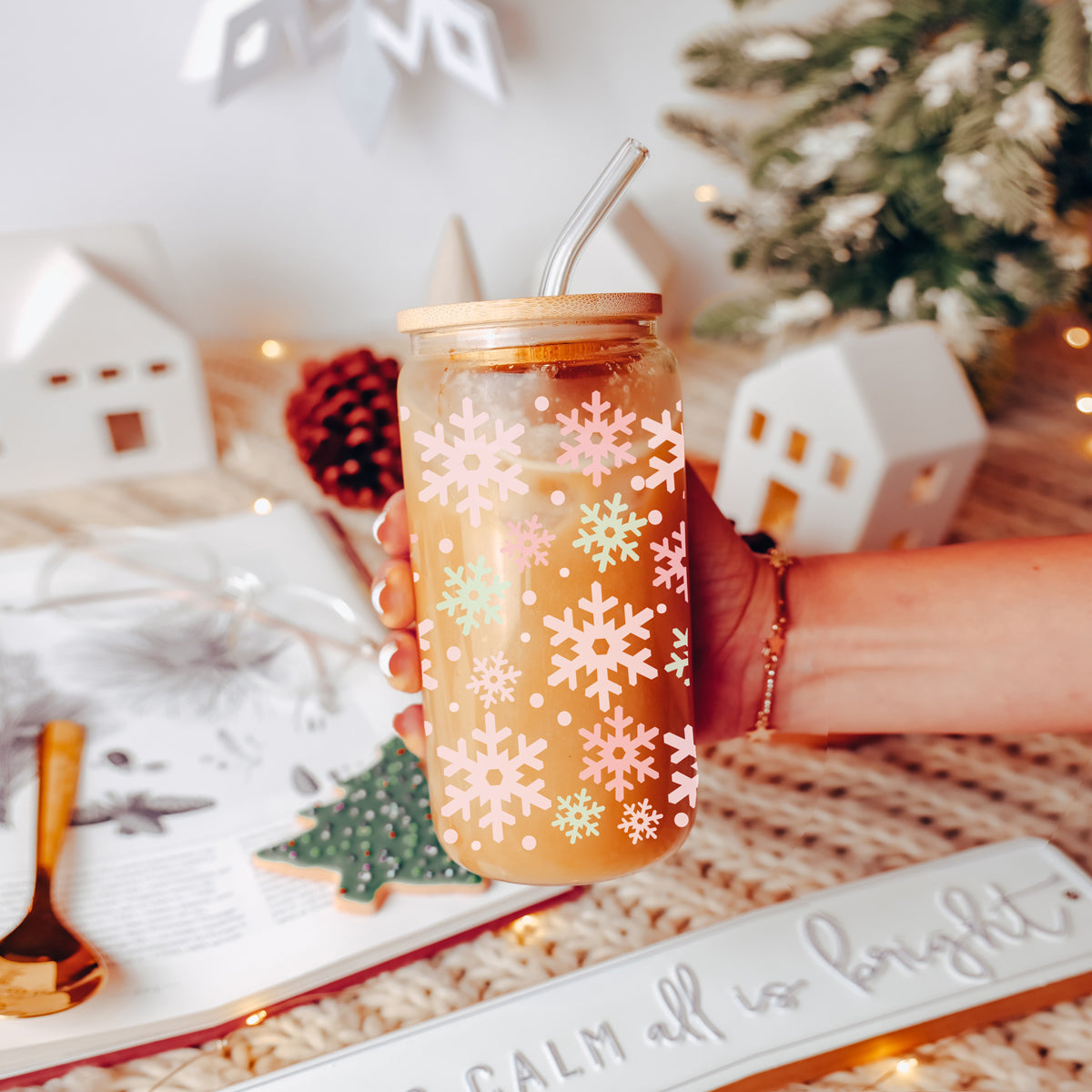 Pastel Snowflake Glass Tumbler - 17oz of Winter Wonderland Vibes