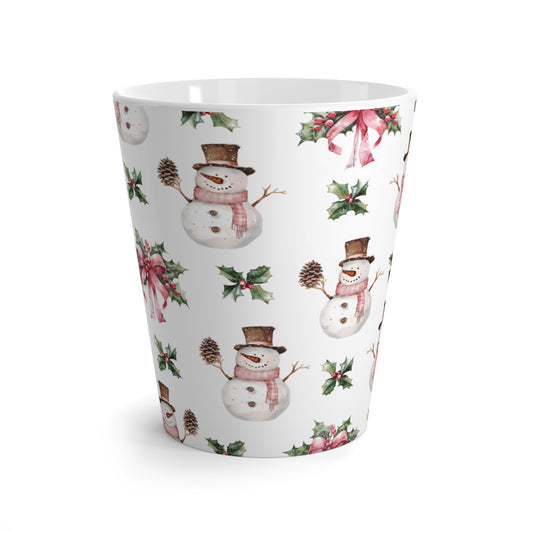 Snowman latte mug with festive Christmas design on white ceramic