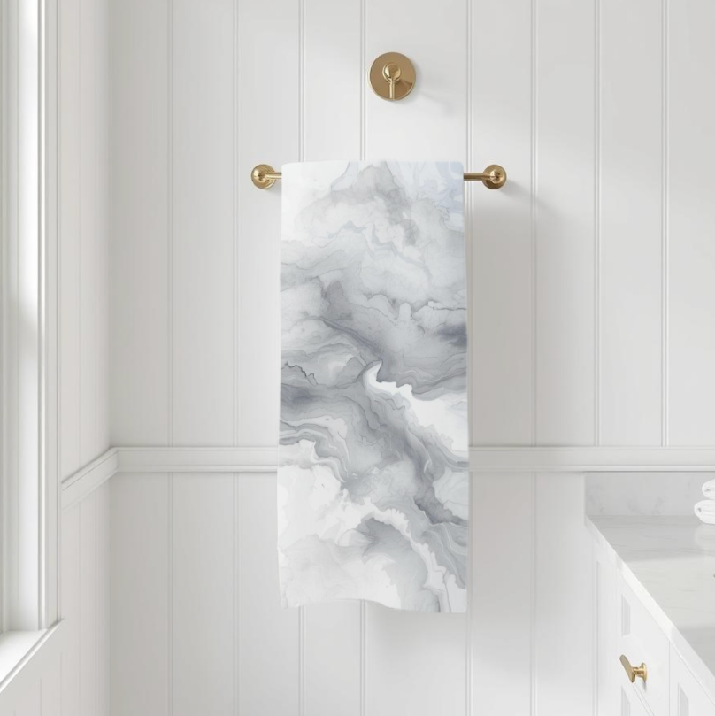 Abstract Marble Bath Towel - Gray & White Watercolor Coastal Bathroom Decor