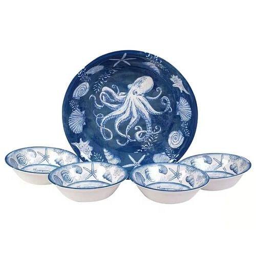 Ocean-inspired melamine dinnerware set with octopus, starfish, and sea shell prints