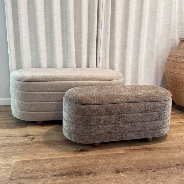 Close-up of upholstered bench with sturdy wood frame construction.