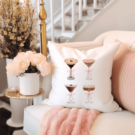 Trendy cocktail-themed throw pillow with vibrant colors, perfect for bar decor or party settings