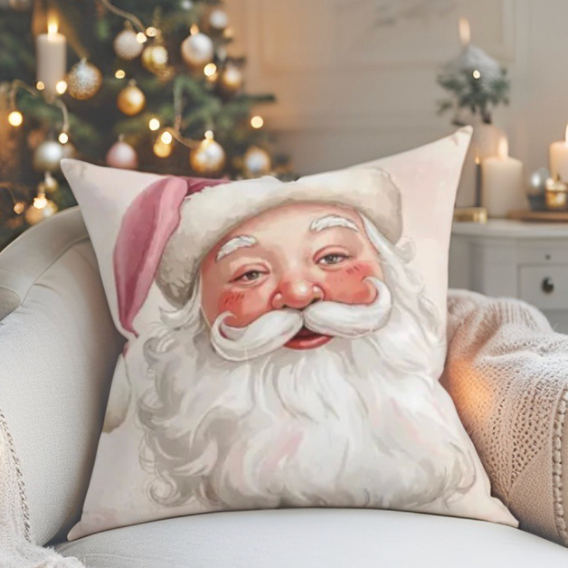 Pastel Santa Claus face on a soft square decorative cushion for winter home decor.