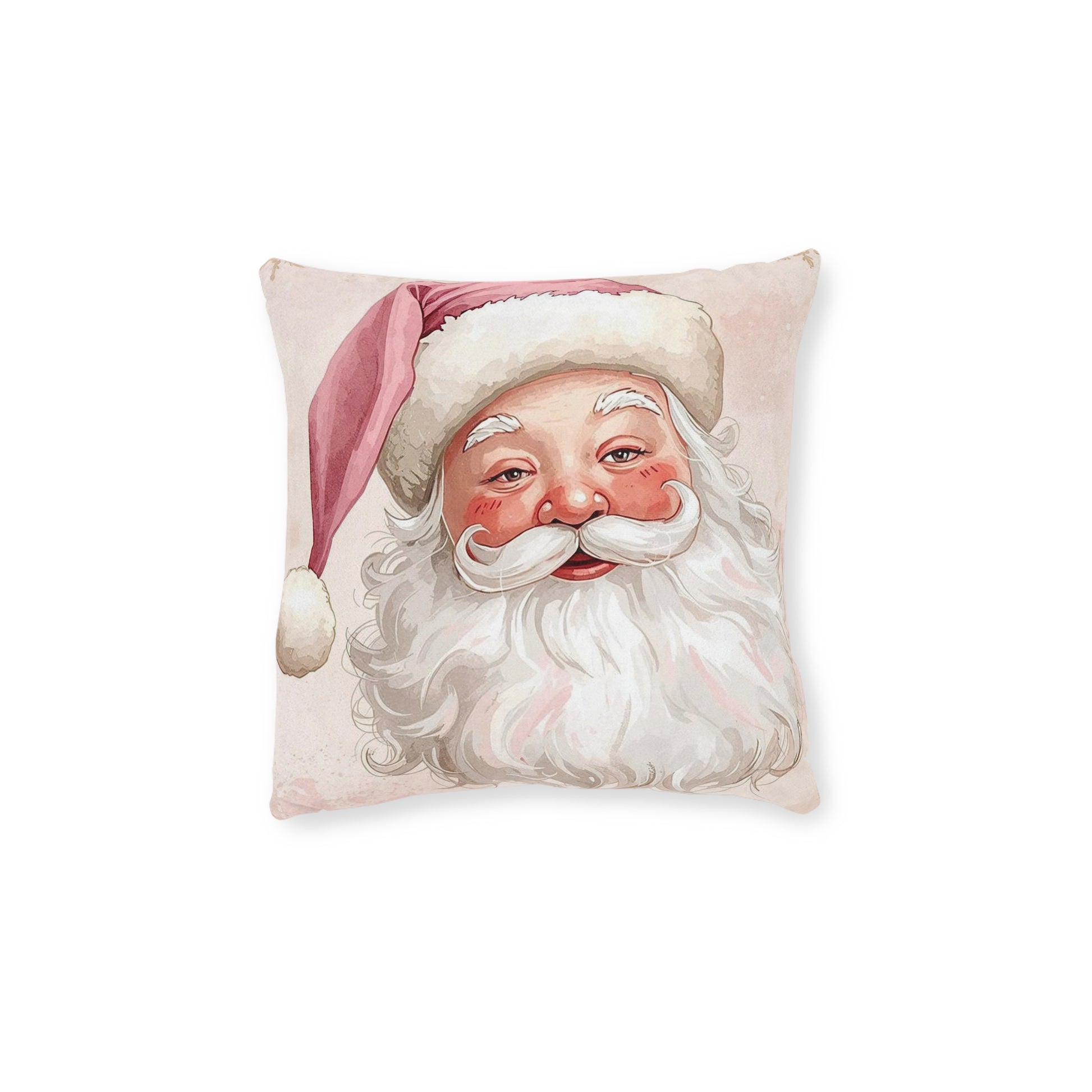 Watercolor style Pink Santa Christmas throw pillow, close-up view of the Santa Claus face
