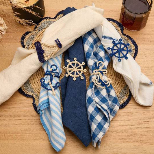 Nautical Anchor Napkin Rings – Coastal Table Decor, Handmade Raffia Napkin Holders, Set of 4 Blue and White Anchor Rings, Ocean Party Decor