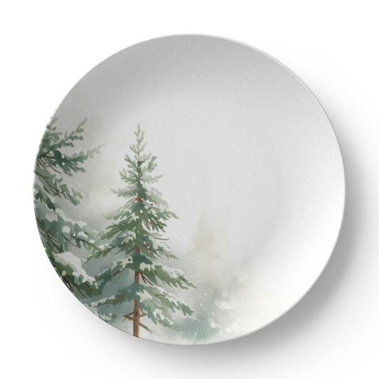 Hand-Painted Holiday Dinnerware - Rustic Snowy Forest Design - Christmas Table Setting & Hostess Gift